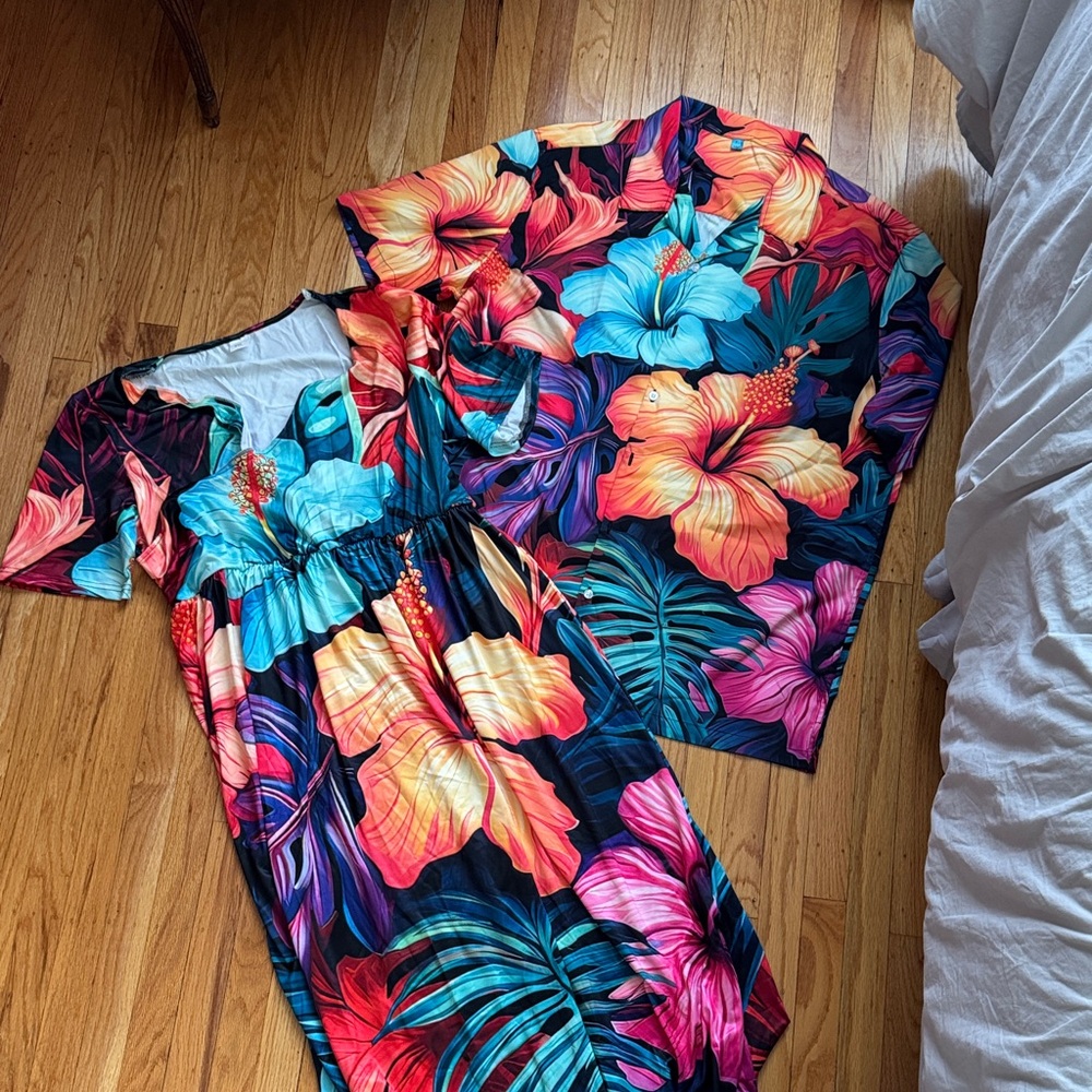 Tropical Hibiscus Maxi Dress and Cover-Up Set in Vibrant Floral Print